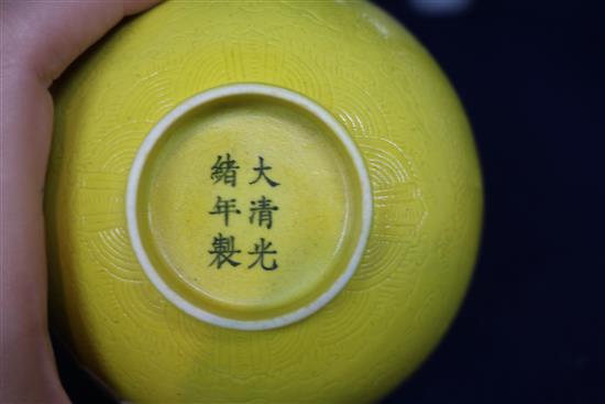 A Chinese yellow ground bowl, Guangxu mark and period, restored